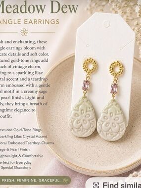 Meadow Dew Creamy Sage Teardrop Earrings with Lilac Crystal